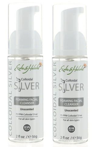 2 Bottles Exotic and Holistic Natural Facial Foaming Cleanser 2 FL OZ, Unscented, Infused with Colloidal Silver 75 PPM for All Skin Types