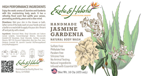 Jasmine and Gardenia Handmade Natural Body Wash, Shower Gel with Pump 16 FL / 473 mL Infused with Essential Oil, Luxurious Aromatherapy Sensual Floral Scent by Exotic and Holistic