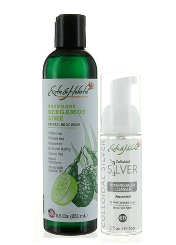 Set Natural Aloe Vera Body Wash Infused with Essential Oil 8.5 FL and Natural Facial Foaming Cleanser 2 FL, Infused with Colloidal Silver 75 PPM for All Skin Types By Exotic & Holistic, Bergamot Lime + Foaming Face Wash