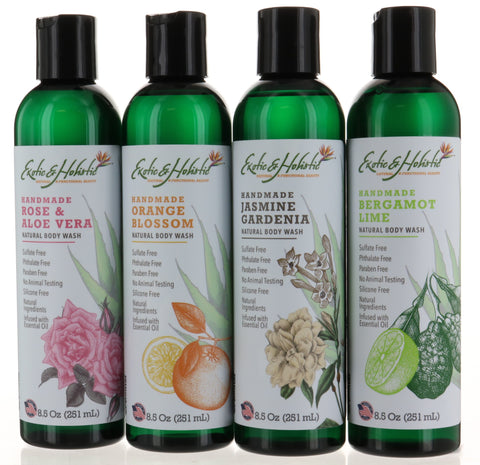 Variety Pack Natural Body Wash, Infused with Essential Oil, Rose Aloe Vera, Orange Blossom, Jasmine Gardenia, Bergamot Lime 8 FL OZ / 251 mL Each