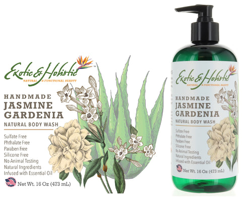 Jasmine and Gardenia Handmade Natural Body Wash, Shower Gel with Pump 16 FL / 473 mL Infused with Essential Oil, Luxurious Aromatherapy Sensual Floral Scent by Exotic and Holistic
