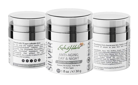 Night Time & Day Time Face and Neck Serum 1 FL OZ, Age-Defying for Anti-aging Wrinkle Formula, Infused with Colloidal Silver 75 PPM By Exotic & Holistic