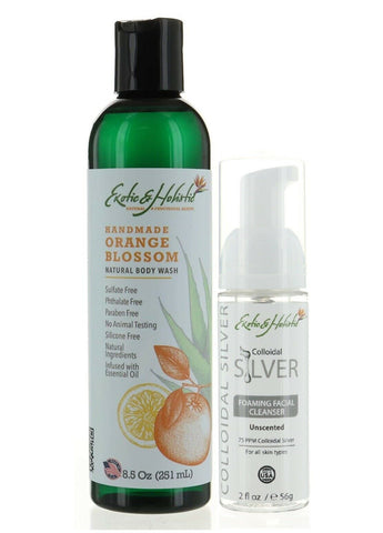 Set of Natural Aloe Vera Body Wash Infused with Essential Oil 8.5 FL, Orange Blossom and Natural Facial Foaming Cleanser 2 FL, Infused with Colloidal Silver 75 PPM for All Skin Types By Exotic & Holistic