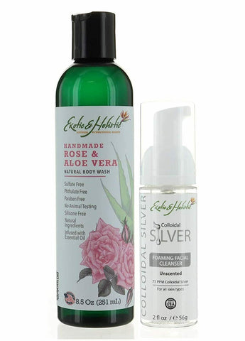 Set Natural Aloe Vera Body Wash Infused with Essential Oil 8.5 FL and Natural Facial Foaming Cleanser 2 FL, Infused with Colloidal Silver 75 PPM for All Skin Type By Exotic & Holistic, Rose and Aloe + Foaming Face Wash