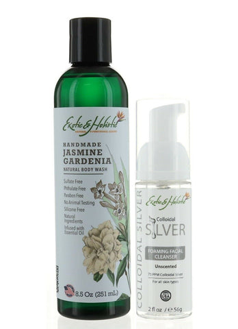 Set Natural Aloe Vera Body Wash Infused with Essential Oil 8.5 FL and Natural Facial Foaming Cleanser 2 FL, Infused with Colloidal Silver 75 PPM for All Skin Type By Exotic & Holistic (Jasmine Gardenia + Foaming Face Wash)