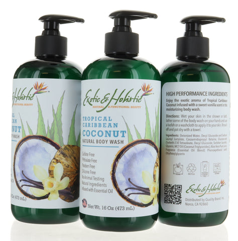 Tropical Caribbean Coconut Natural Body Wash Infused with Essential Oil, Sulfate Free, Paraben Free 16 Oz / 473 mL by Exotic & Holistic