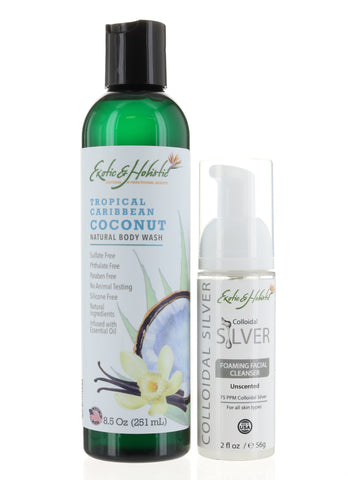 Set Tropical Caribbean Coconut Body Wash 8.5 FL OZ and Unscented Foaming Cleanser 2 FL OZ By Exotic & Holistic