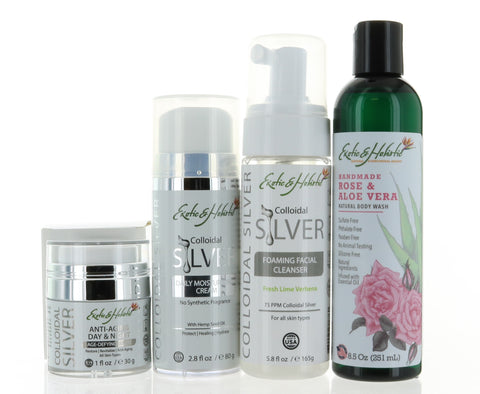 Gift Set For Her, Anti-aging Day and Night Serum with Colloidal Silver, Daily Moisturizer, Foaming Facial Cleanser, and Natural Rose Body Wash by Exotic and Holistic