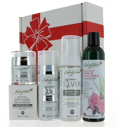 Gift Set For Her, Anti-aging Day and Night Serum with Colloidal Silver, Daily Moisturizer, Foaming Facial Cleanser, and Natural Rose Body Wash by Exotic and Holistic