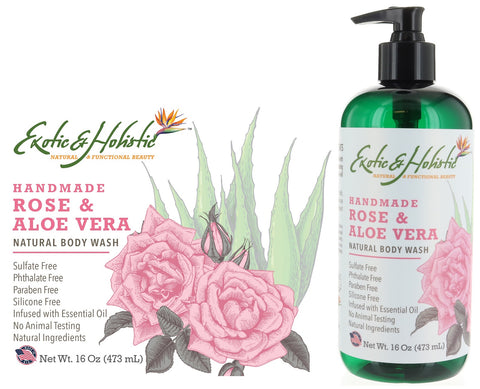 Rose and Aloe Vera Handmade Natural Body Wash, Shower Gel with Pump 16 FL / 473 mL Infused with Essential Oil, Luxurious Scent of Rose Damascena by Exotic and Holistic